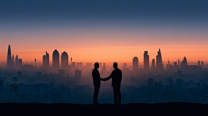 Fototapeta premium Silhouetted Two People Handshake in Front of Modern City Skyline at Sunset
