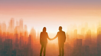 Fototapeta premium Silhouetted Couple Holding Hands Over City Skyline at Sunset