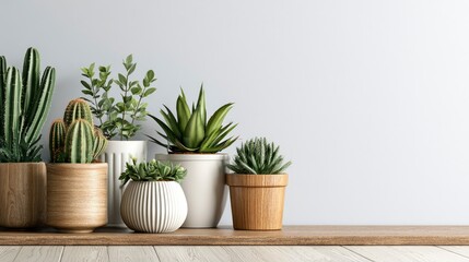 Fototapeta premium Greenhouse Plant Collection in Various Pots Arranged on Wooden Surface