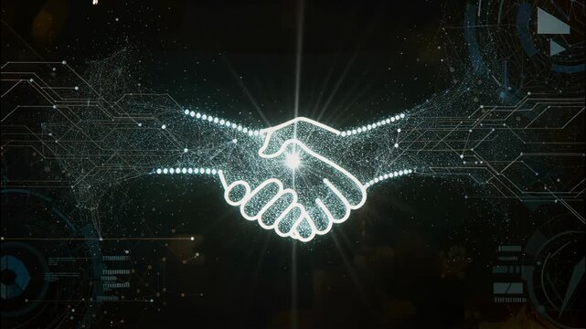 Building future network digital handshake symbolizing trust, partnership, connection, and collaboration through technology. Embracing innovation