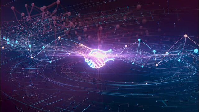 Abstract digital handshake connection partnership technology network data glowing unity trust futuristic global visualized forged within data flow