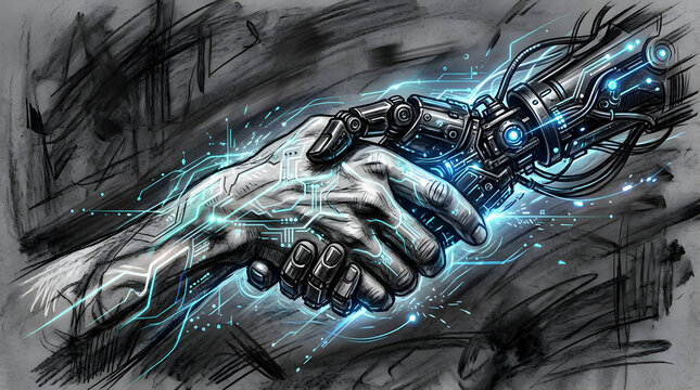 Human Hand Interlocked Robotic Hand in charcoal sketch and digital painting style, representing cybernetic symbiosis showing direct interface fusion between human hand and robotic hand.