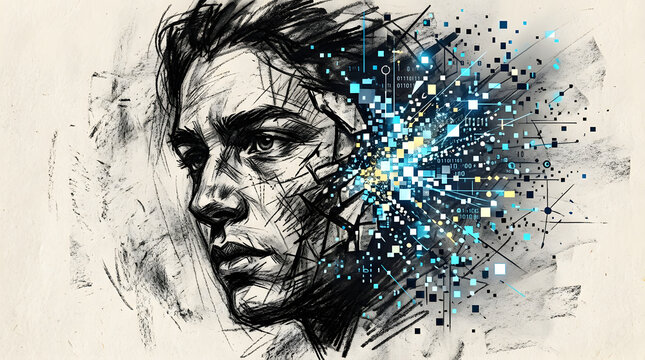 Human AI Decision Support Abstract in charcoal sketch and digital painting style, representing human-AI collaboration, showing side-by-side teamwork, co-pilots, pair programming, and decision support.