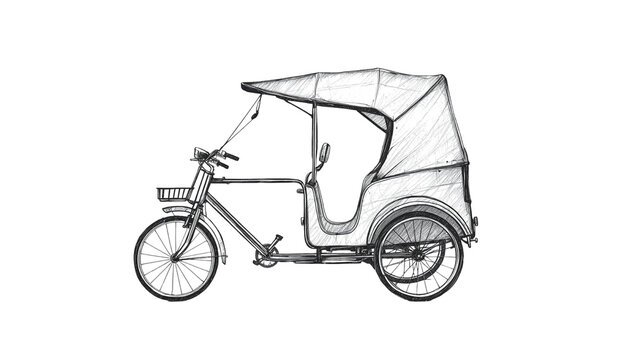 Detailed hand drawn sketch of a traditional bicycle rickshaw isolated on a white background