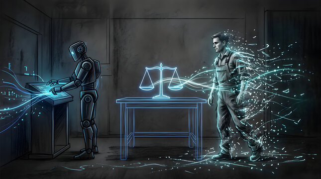 Job Displacement Human Robot Emp in charcoal sketch and digital painting style, representing AI-driven job displacement, white-collar automation, UBI debates, and shifts in the modern labor market.