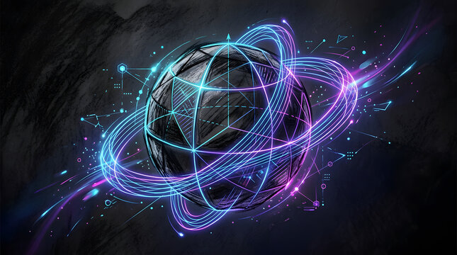 Quantum Computing Sphere Wave Lines in charcoal sketch and digital painting style, representing quantum computing supremacy, qubits, superposition wave lines, and advanced cryptography.