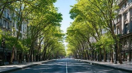 Fototapeta premium Quiet Tree-Lined Urban Street with Historic Buildings and Clear Sky