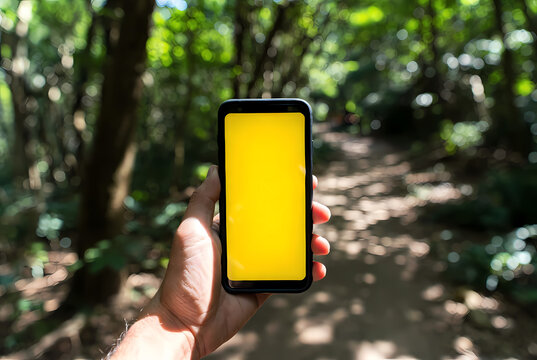 A hand holding a smartphone with a yellow screen in a forest