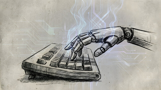 Robot Hand Typing On Keyboard in charcoal sketch and digital painting style, representing autonomous coding agents writing, reviewing, and deploying software code with minimal human input.