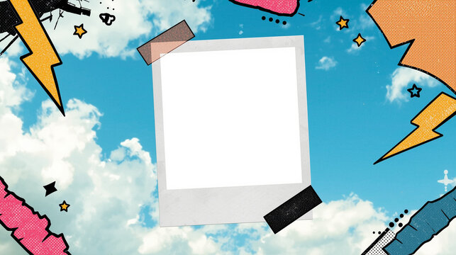 Summer collage with blank polaroid frame and vacation objects, creative photo mockup template