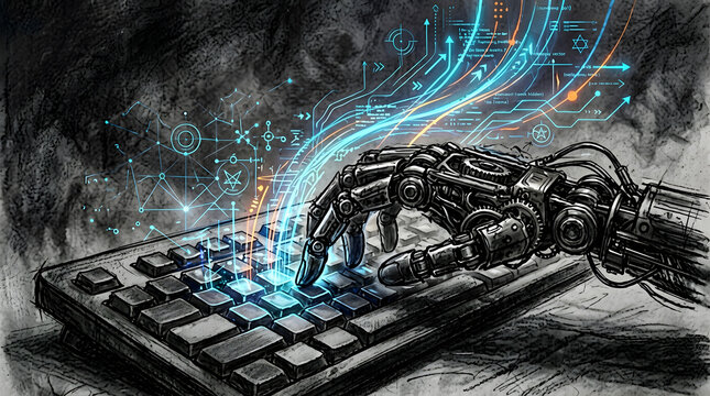 Robot Hand Typing On Keyboard in charcoal sketch and digital painting style, representing autonomous coding agents writing, reviewing, and deploying software code with minimal human input.