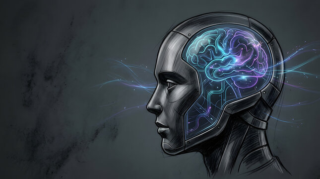 Robot Head With Glowing Pathways in charcoal sketch and digital painting style, representing super AGI consciousness, computational power, and advanced robot head quantum pathways.