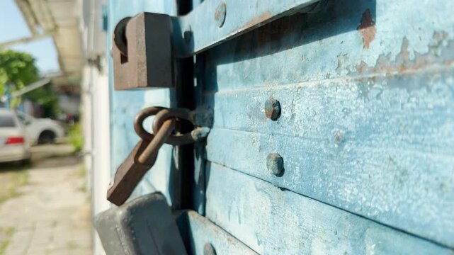 A rusty padlock secures a weathered light blue metal door. This scene feels quiet and protective, hinting at hidden stories kept safe behind the old metal gate.