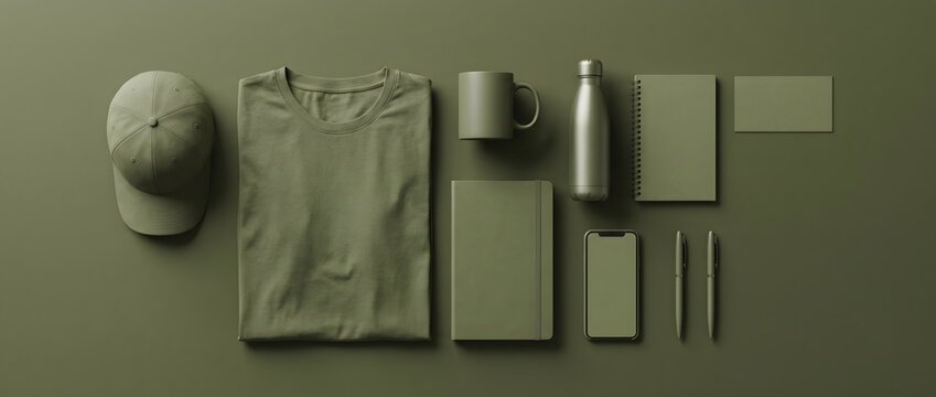 Luxury Olive Green Branding Mockup Collection with Blank Merchandise