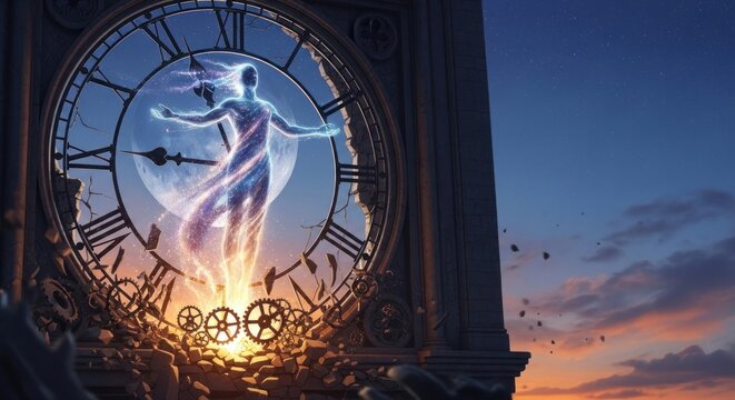 Ethereal figure of light standing inside a giant clock tower