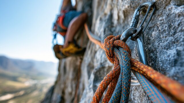 Close-up of climbing equipment with rope and carabiner attached to natural rock surface