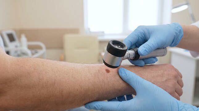 Close Up Dermatoscope Examination of Suspicious Mole on Patient Forearm During Professional Dermatology Skin Cancer Screening