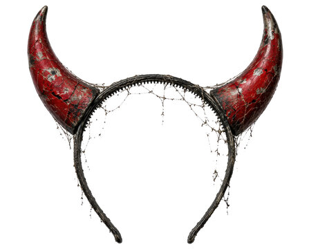 Aged devil horn headband isolated on white, png transparent background.