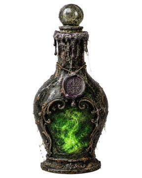 Green potion bottle isolated on white, png transparent background.