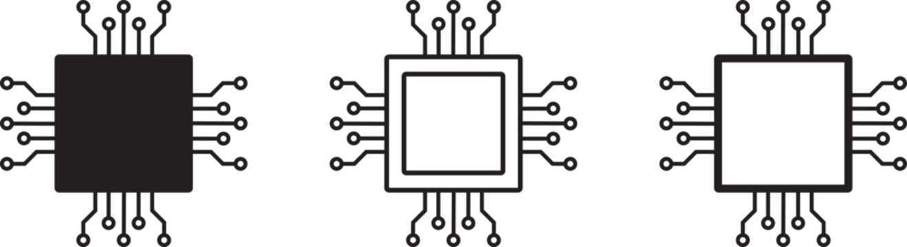 Processor Chip Icon Set Modern CPU Microchip Circuit Symbols in Filled and Outline Styles for Semiconductor Technology, Digital Hardware, Electronics and Computer Engineering
