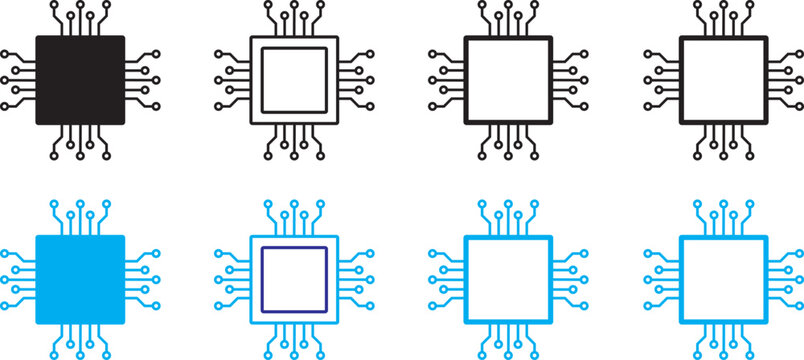 Processor Chip Icon Set Collection Modern CPU Microchip Circuit Symbols in Filled, Outline and Dual Color Styles for Semiconductor Technology, Electronics, Digital Hardware and Computer Engineering