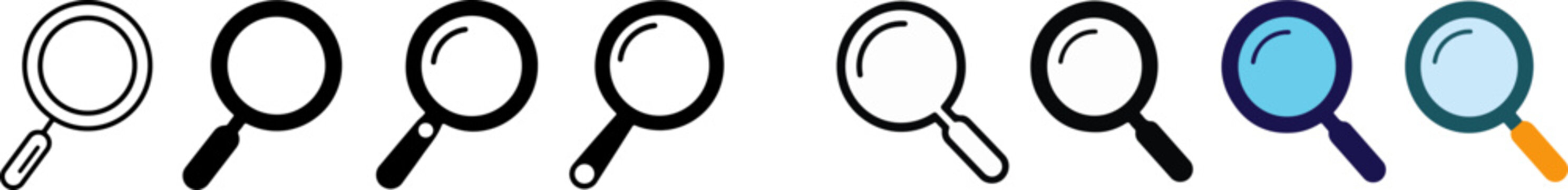 Search icon set featuring magnifying glass and loupe symbols. Find, zoom and search tool icons with modern vector design for web, app and user interfaces. eps