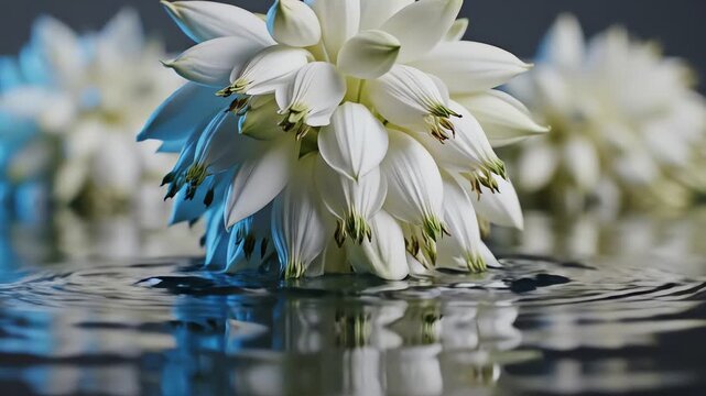 White yucca gigantea flower floating on water with ripples