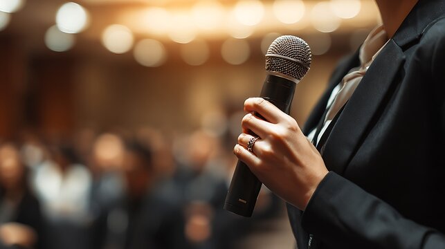 Businesswoman holding microphone for speech at corporate conference.