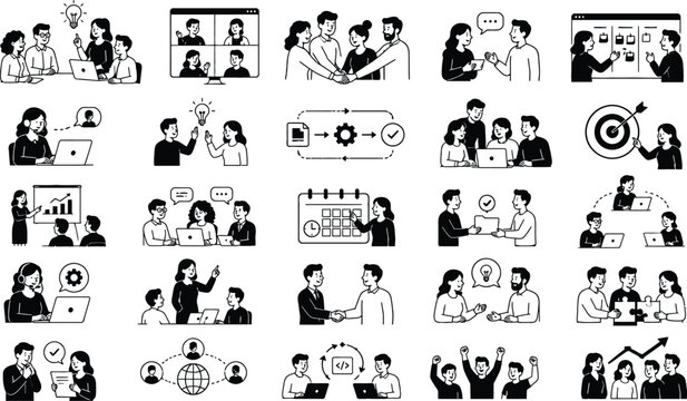 Teamwork And Business Meeting Flat Icons On White Background