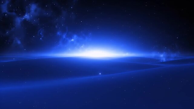 Blue cinematic space nebula with bright white glowing horizon and soft light fade transition background for starry night sky