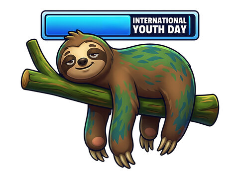 International youth day sloth hanging from tree branch