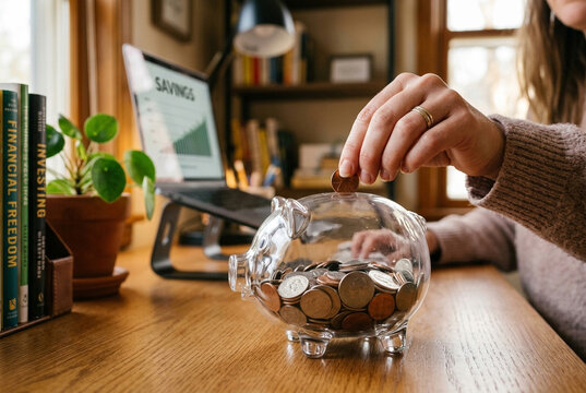 Woman putting coin into transparent piggy bank on wooden table