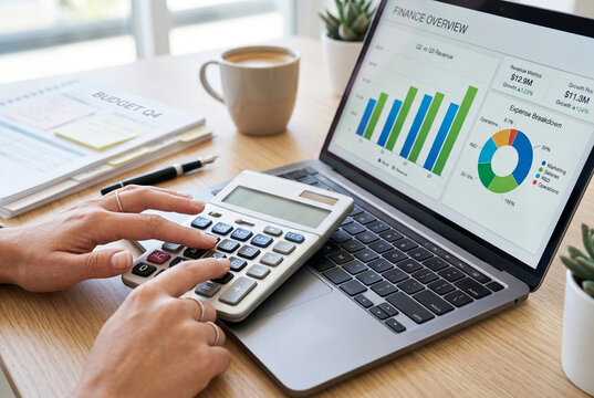 Hands using calculator with laptop displaying financial analysis charts