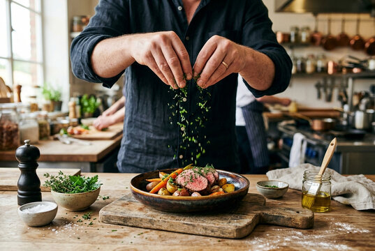 Professional chef sprinkling fresh green herbs over a gourmet meat dish