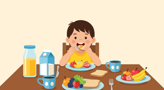 Happy young boy eating a delicious breakfast with fruit and toast at a table