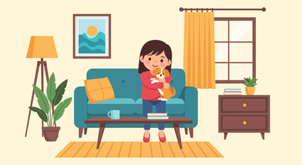 Fototapeta premium A young girl lovingly hugs her small puppy while sitting on the floor in a cozy living room with a sofa and table