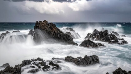 Fototapeta premium Powerful ocean waves crashing against dark rugged rocks under a stormy sky