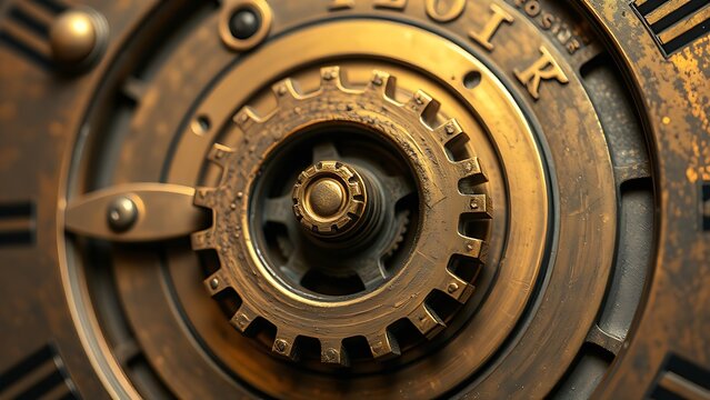 A hyper-detailed, aged bronze clockwork mechanism with a single gear removed, emitting golden light.