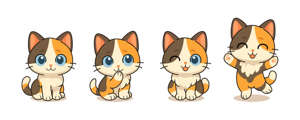 Obraz premium Cute calico kitten character set vector template featuring little cat illustrations in various expressive poses isolated on white background.