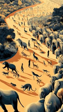 Global Tiny Animal wallpaper Wildlife Migration Scene with Diverse Animals Crossing a Savanna Landscape at Sunset a watercolor animal parade wallpaper