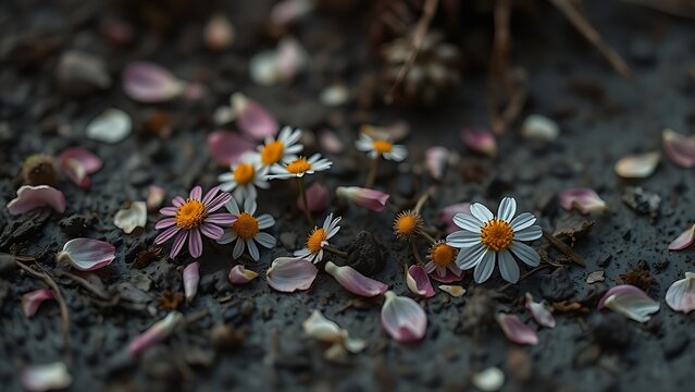 Trampled wildflowers lying in mud with scattered petals, muted colors and shallow depth of field.