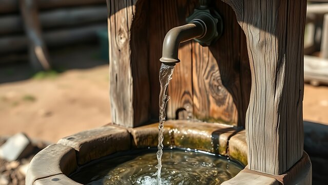 Aged wooden wellhead with water flowing into a stone basin in a rustic setting.