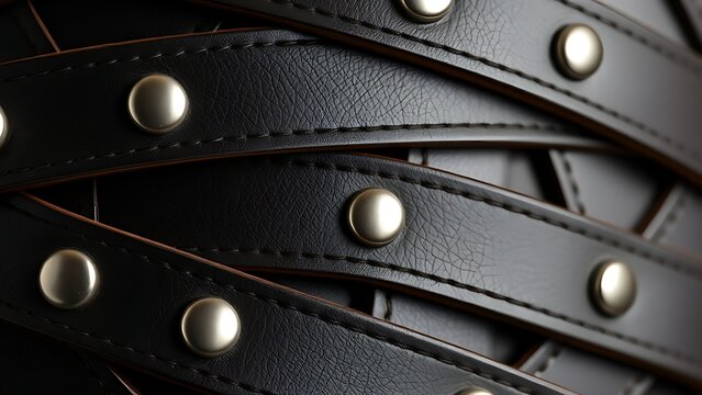 Close-up of interlocking leather straps and metal rivets, geometric texture.