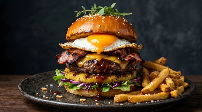 Delicious gourmet beef burger with a fried egg cheese bacon lettuce on a dark plate against black background