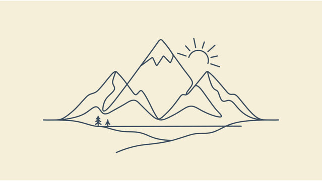 Minimalist mountain landscape vector illustration with sun and pine trees in simple line art style on beige background