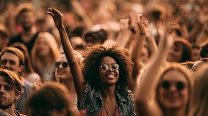 Fototapeta premium Diverse Crowd of People Enjoying Music Festival Outdoors with Smiles
