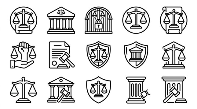Collection of legal and justice icons representing law and order.