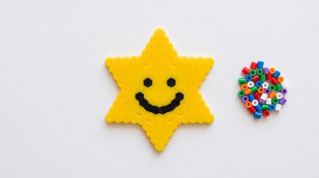 Smiling Star Perler Bead Craft: Finished Fuse Bead with Loose Beads Flat Lay