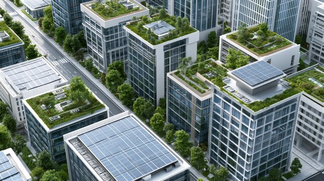 Modern cityscape with high-rise office buildings and green rooftop spaces in an urban environment