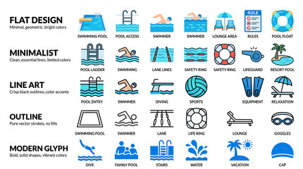 Swimming Pool Icons: Flat Design, Minimalist, Line Art, Outline, Modern Glyph Styles © Teh